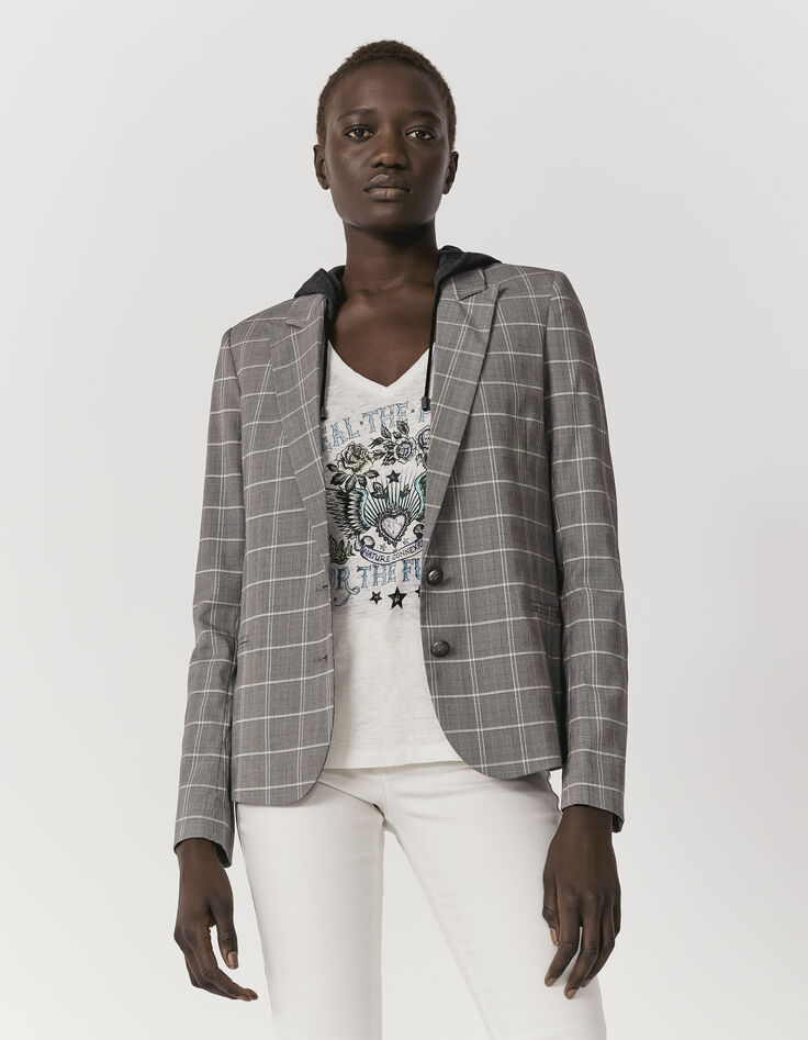 Veste à carreaux gris et lignes blanches capuche femme-1