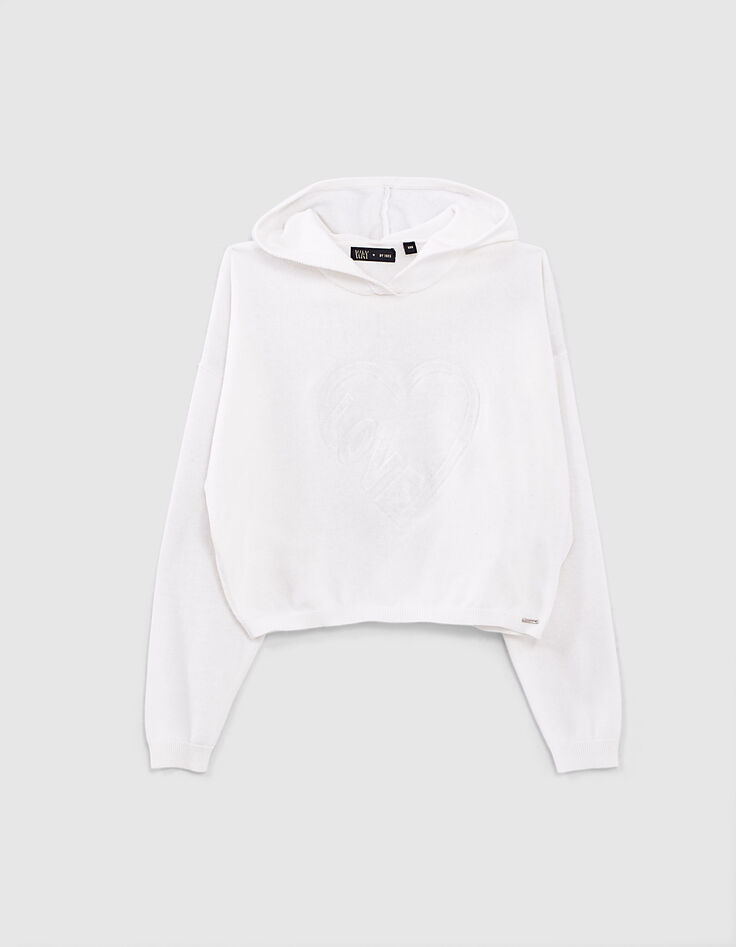 Cremewei&szlig;er M&auml;dchen-Kapuzen-Strickpulli mit Pr&auml;gemotiv -1