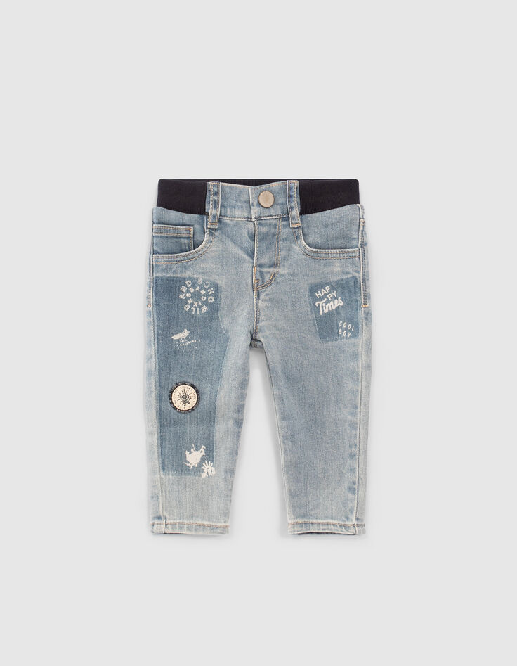 Baby boys’ blue jeans with print and badge-1