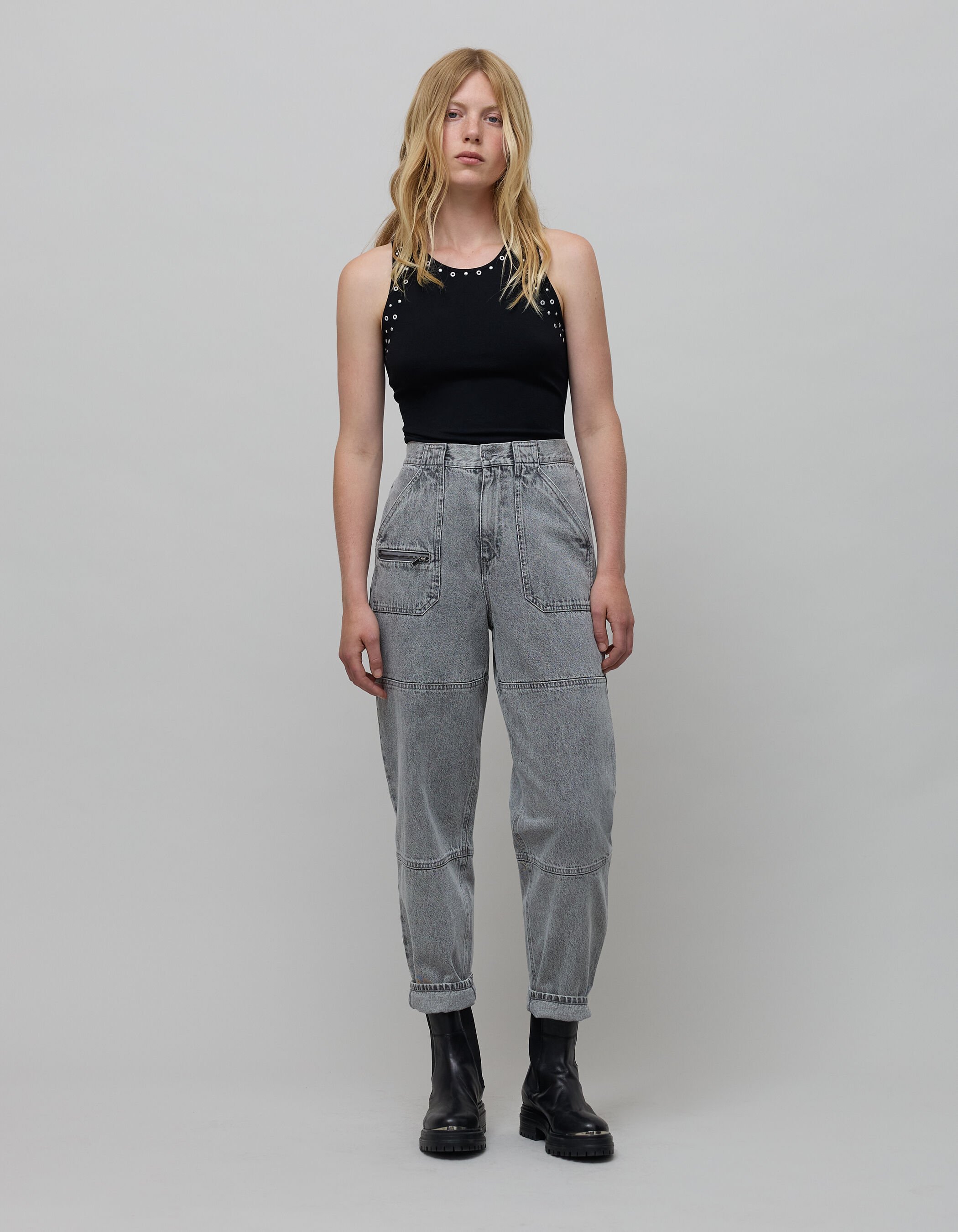 Jean droit gris taille haute zip poche Femme IKKS