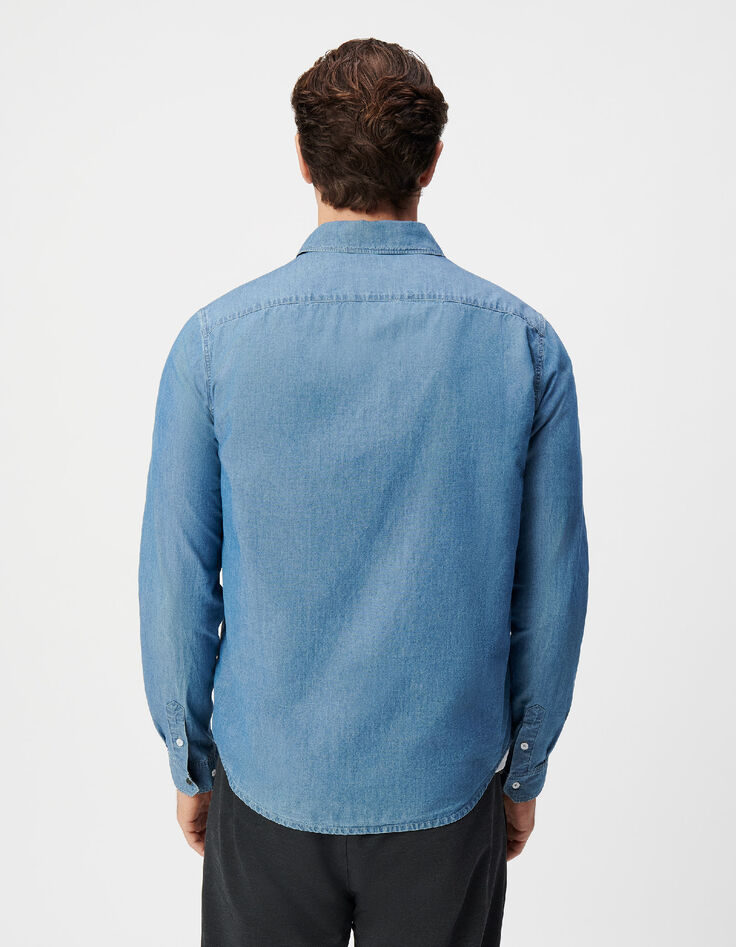 Blaues Chambray-Hemd f&uuml;r Herren mit asymmetrischer Tasche-3