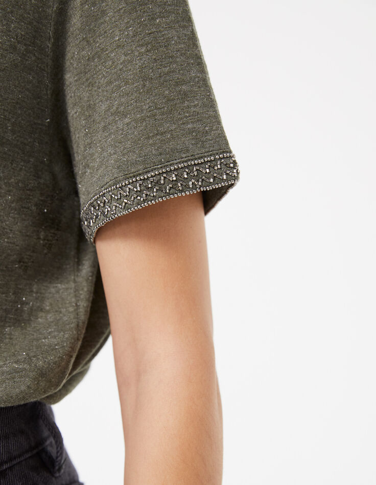 Women’s khaki button-neck T-shirt with chest pocket detail-5