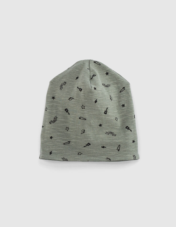 Baby’s khaki+rock print organic cotton reversible beanie-4