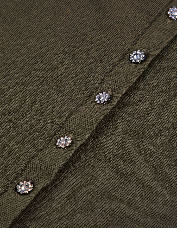 Pull col V kaki tricot 100% laine boutons strass dos Femme-9
