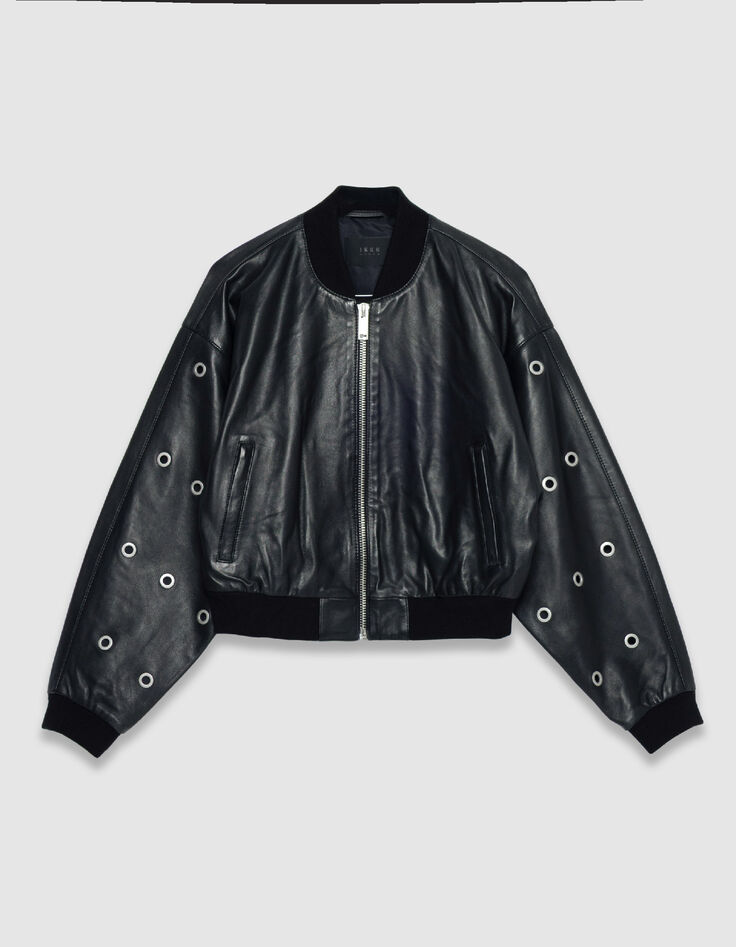 Bomber court noir cuir d&eacute;cor maxi oeillets Femme-6