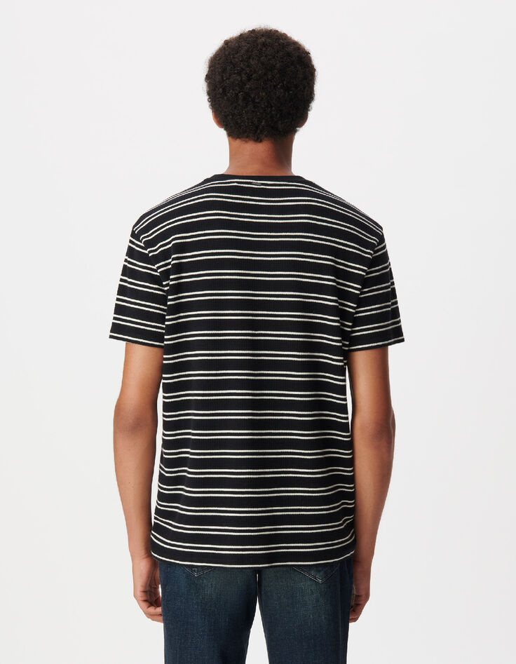 T-shirt marine maille gaufr&eacute;e motif rayures Homme-3