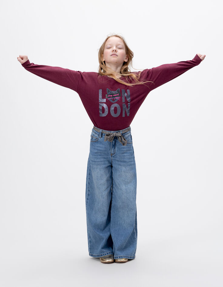 Bordeaux T-shirt biokatoen tekst en poes meisjes-3