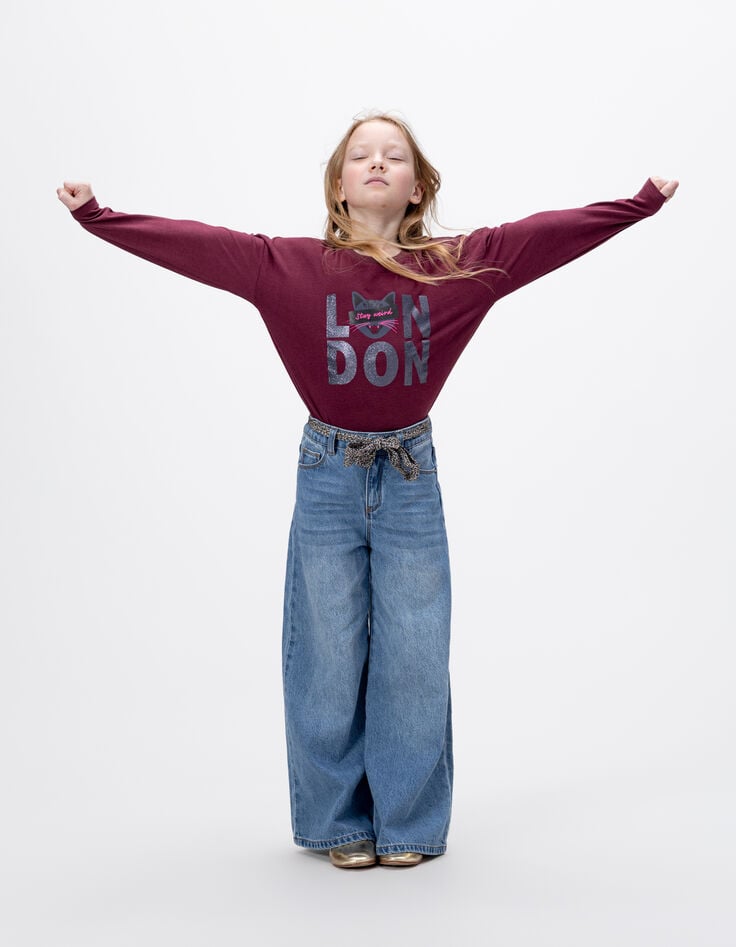 Bordeaux T-shirt biokatoen tekst en poes meisjes-3 Bordeaux T-shirt biokatoen tekst en poes meisjes-3