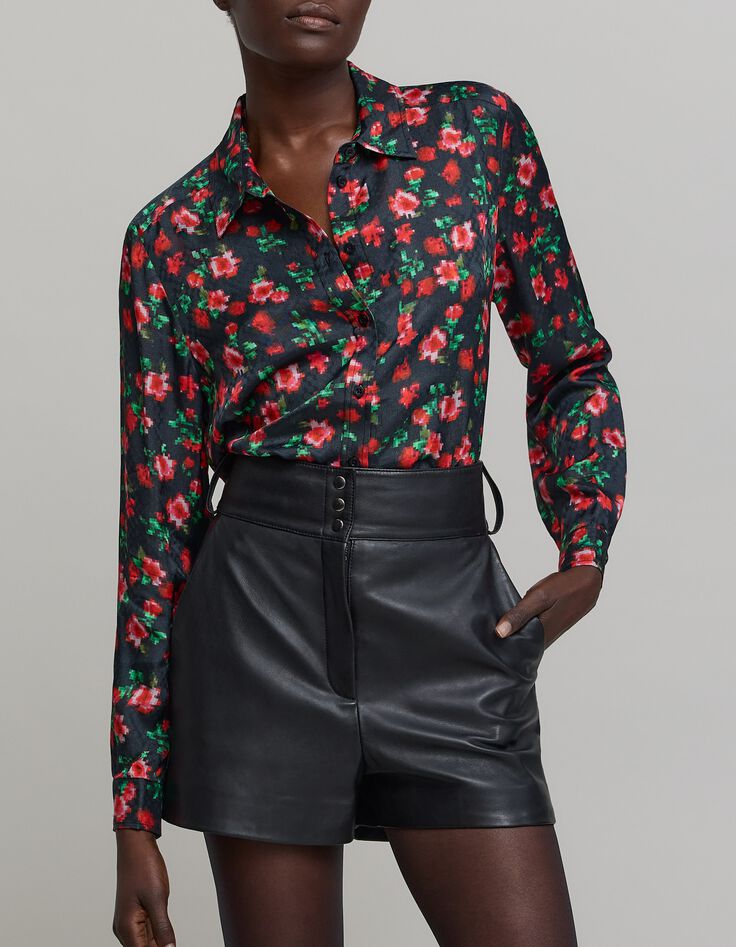 Zwart dameshemd met bloempixelprint-3