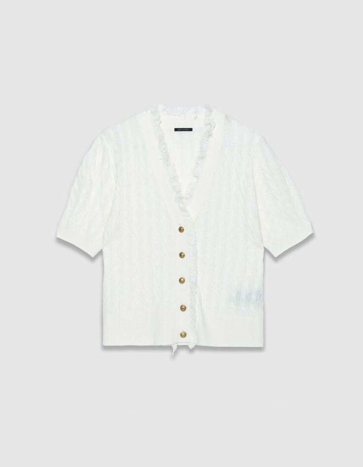 Wei&szlig;e STRICKJACKE f&uuml;r Damen aus Zopfstrick mit kurzen &Auml;rmeln-6