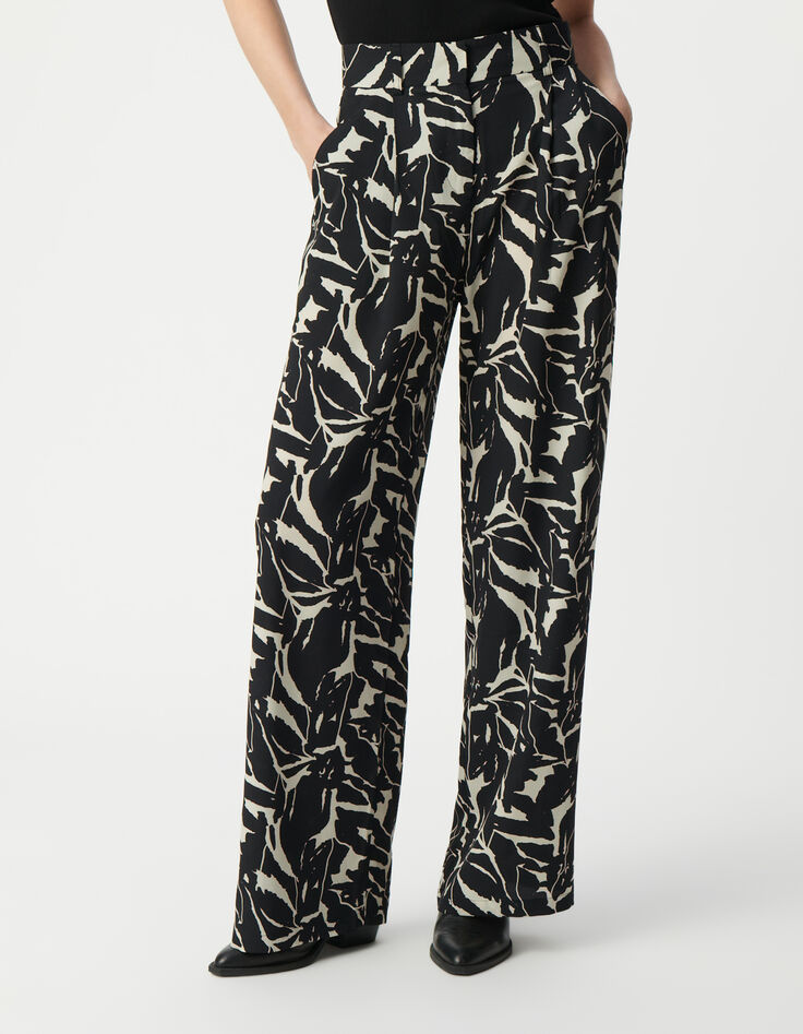 Pantalon fluide noir imprimé fleurs zébré Femme-2