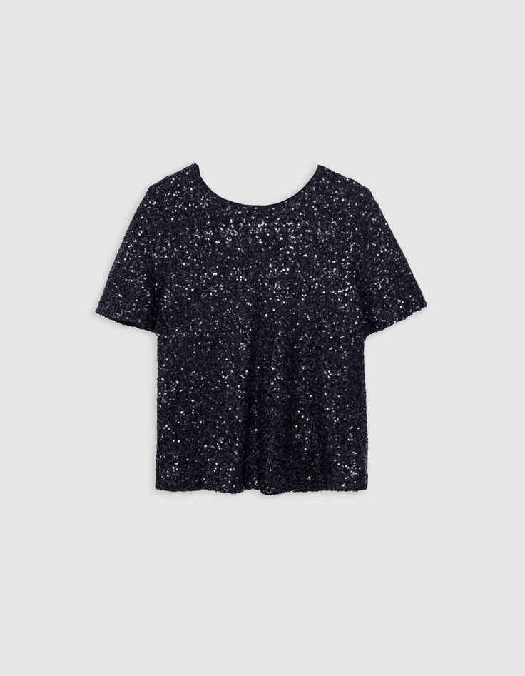 Top noir broderies sequins manche trompette Femme-5