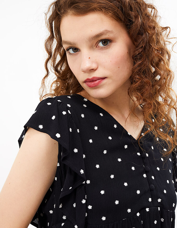 Zwarte top met volants en witte borduursels I.Code-1 Zwarte top met volants en witte borduursels I.Code-1