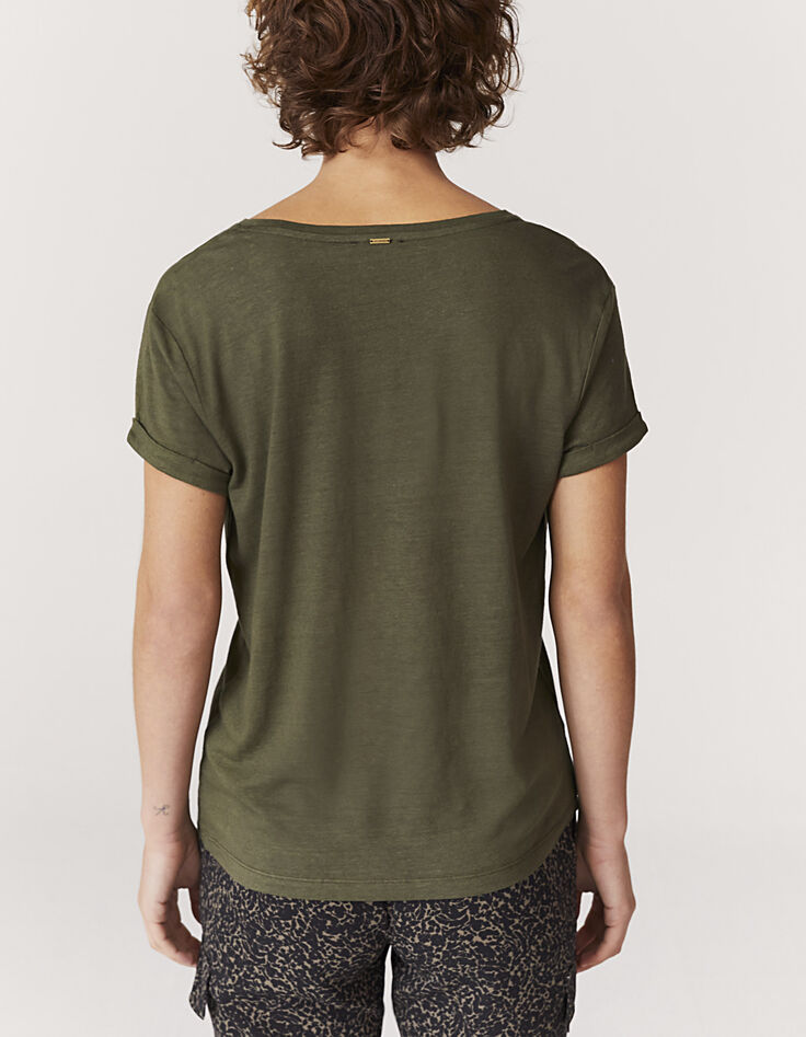 Tee-shirt col V en mix lin uni kaki détail poche femme-3