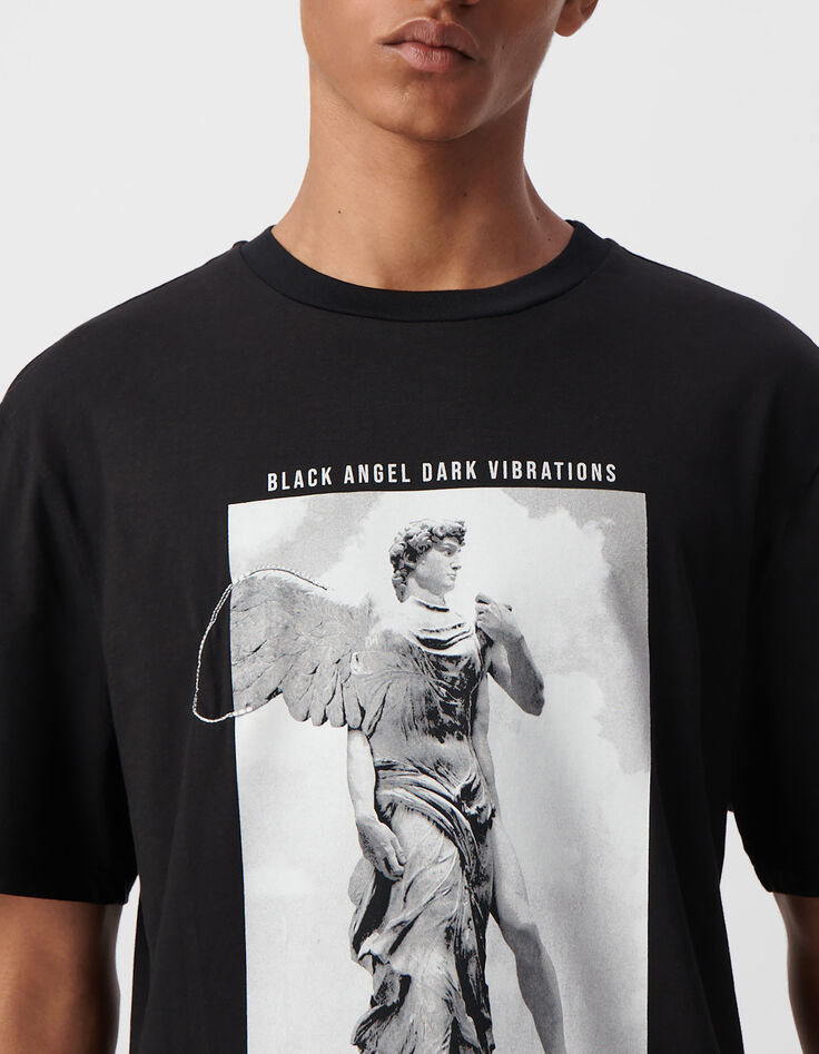 Schwarzes Herren- T-Shirt mit Statue und Stick-4