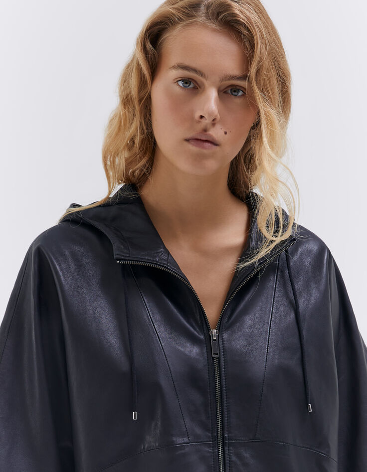 Women’s black cape-style leather jacket with hood-6