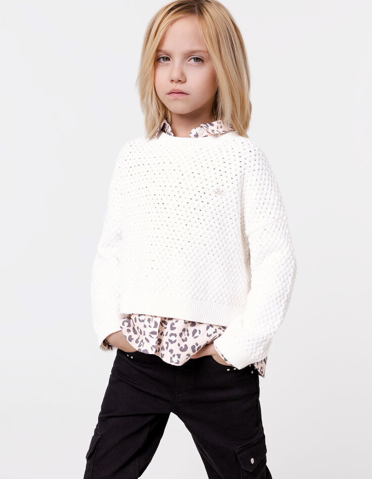 Pull blanc coton bio tricot fantaisie relief fille-1