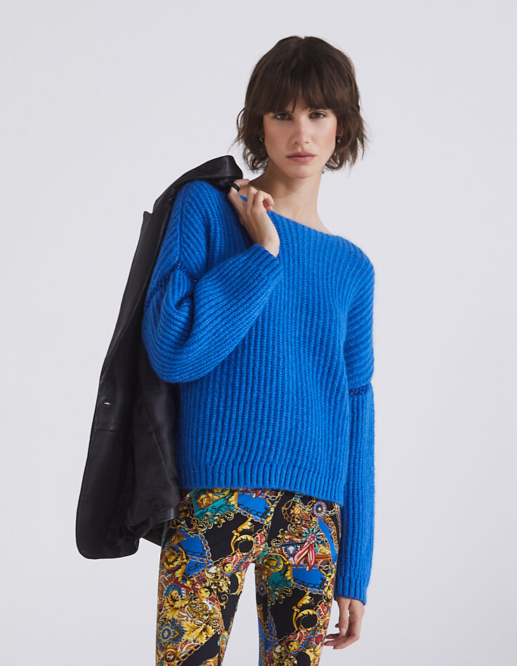 Pull col V en laine mousseuse coloris bleu femme-1