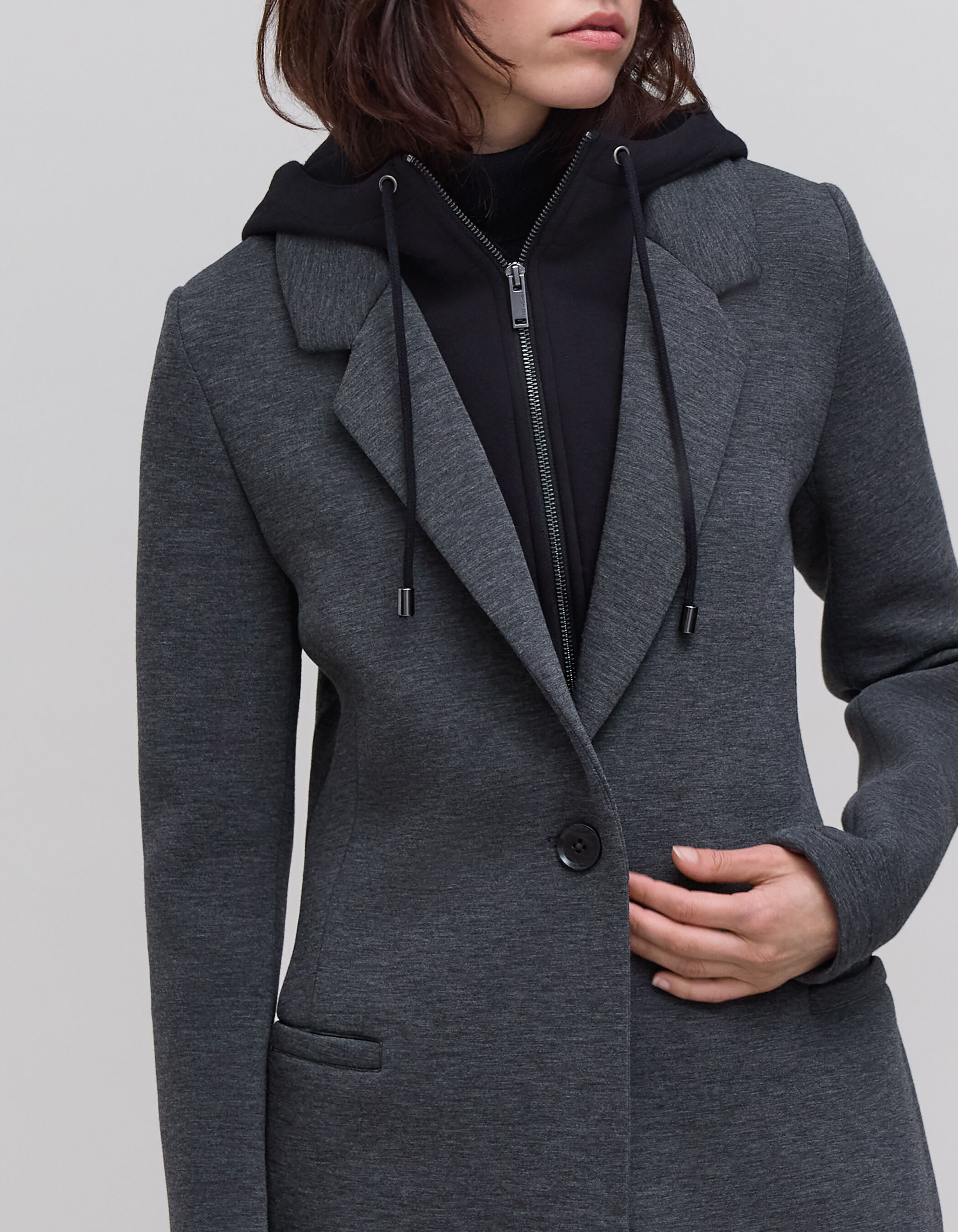Manteau long en neoprene et capuche amovible femme IKKS