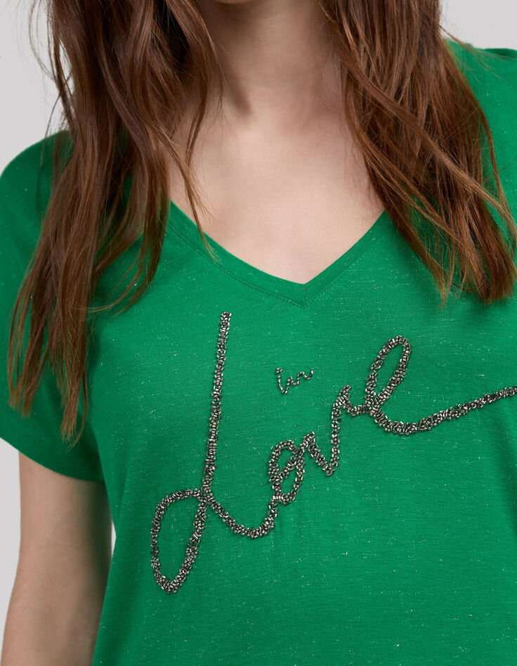Mintgr&uuml;nes Damen-T-Shirt mit Schriftzug mit Perlen-4
