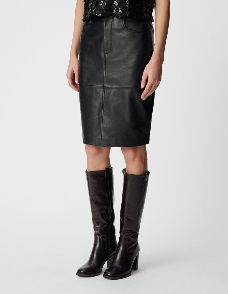 Jupe droite noire cuir longueur genoux Femme-2