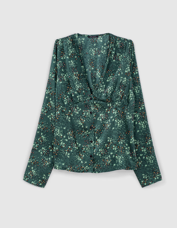 Blouse manches longues col V imprimé floral bleu femme-1
