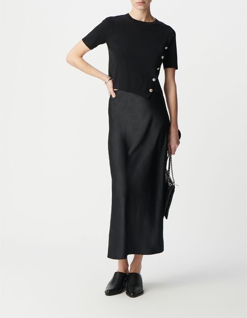 Pull manche courte noir tricot asym&eacute;trique d&eacute;cor boutons Femme - IKKS