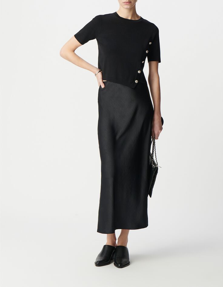 Pull manche courte noir tricot asym&eacute;trique d&eacute;cor boutons Femme-1