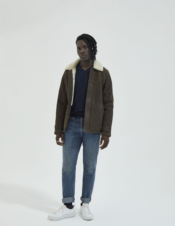 Kastanienbraune Herrenlederjacke mit Fellfinish-6