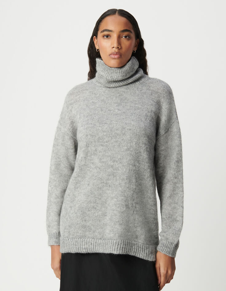 Grauer Rollkragenpullover für Damen mit Lurex-Rippung-2