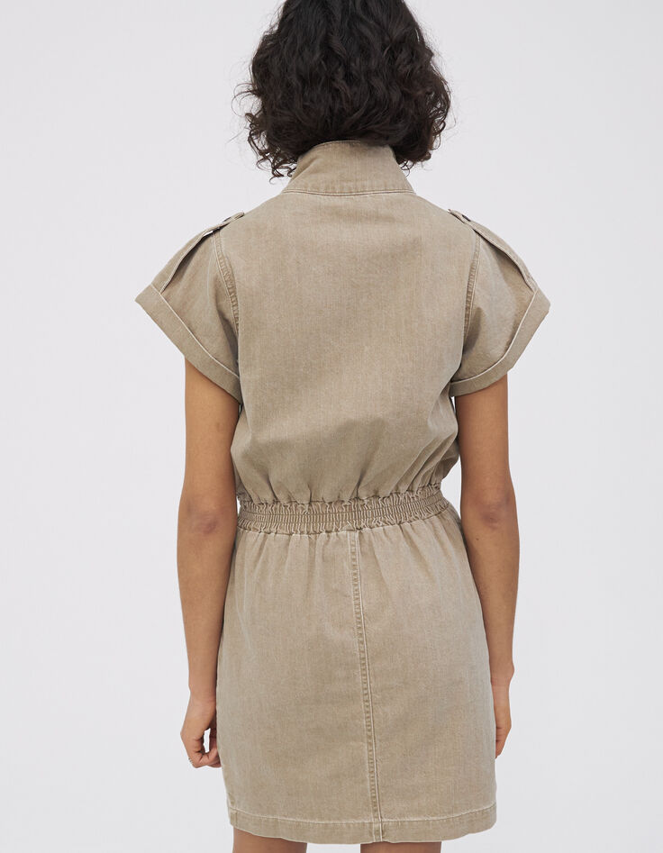 Women’s light khaki Terra Denim dress, studded high neck-2