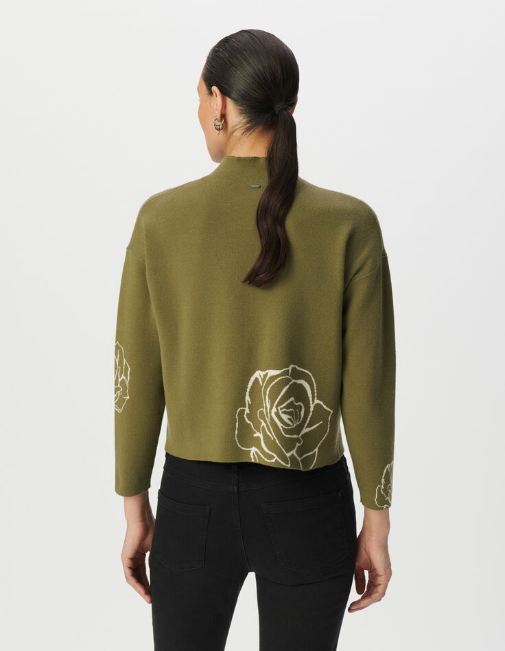 Jersey cuello alto verde punto jacquard rosas mujer-3
