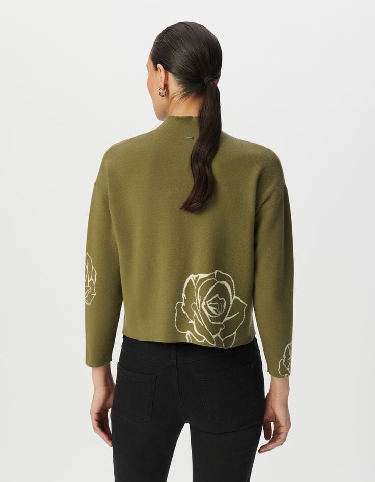 Jersey cuello alto verde punto jacquard rosas mujer-3 Jersey cuello alto verde punto jacquard rosas mujer-3