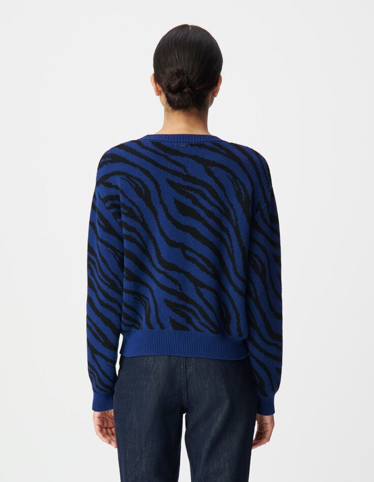 Blauer Damen-Croppedstrickpulli Zebramuster-4 Blauer Damen-Croppedstrickpulli Zebramuster-4