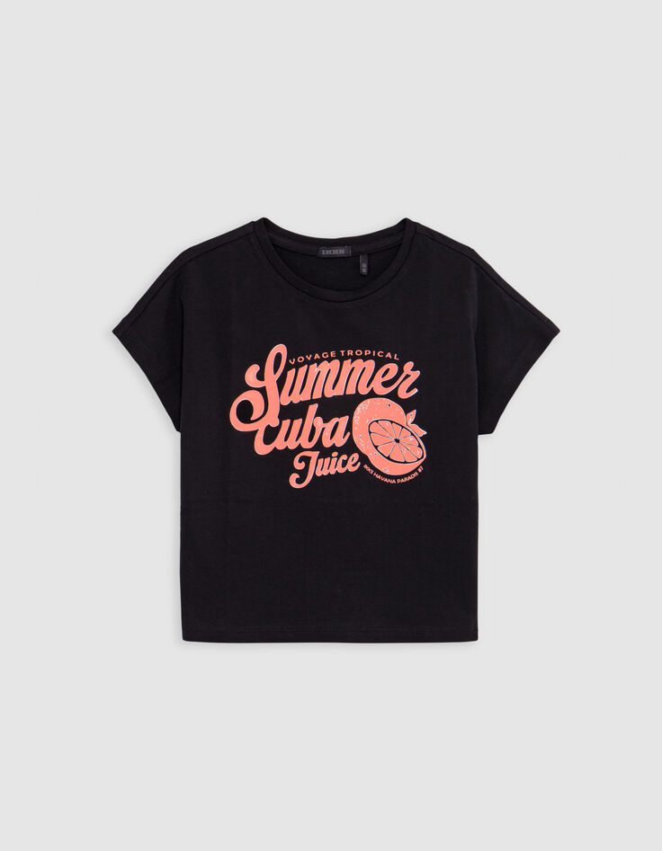 T-shirt noir message et fruits fluo fille-1