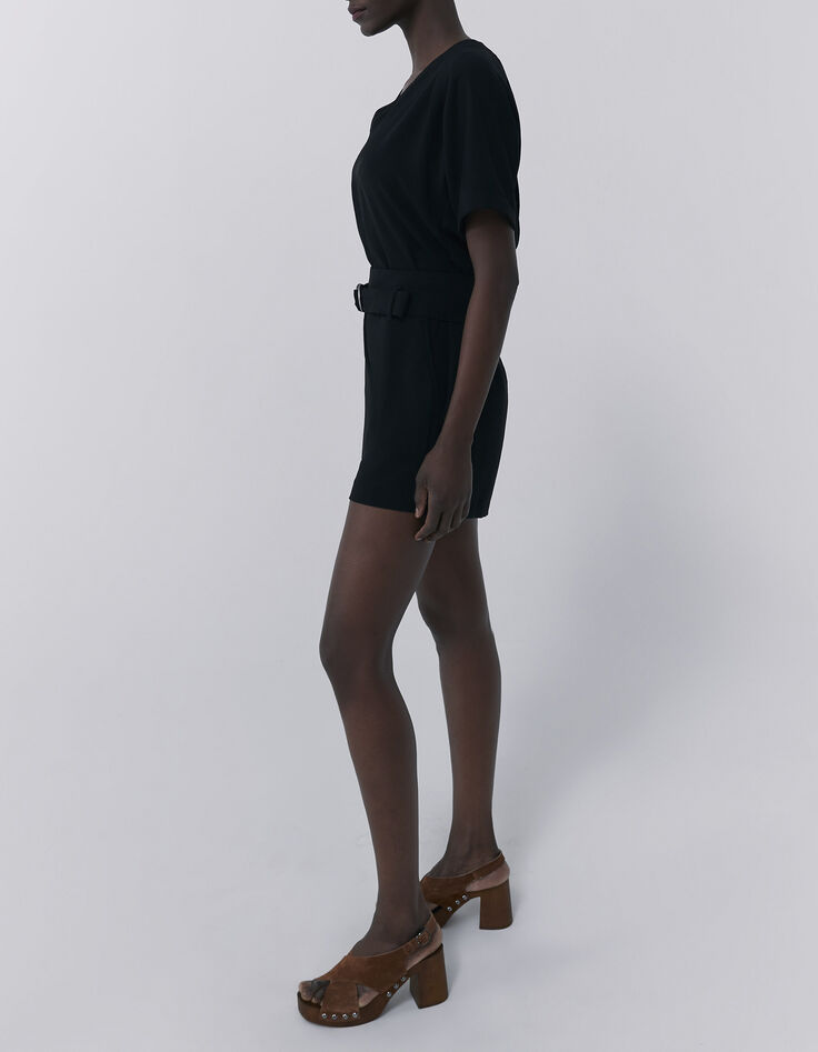 Combi short noir ceinturé avec ouverture dos Femme-2