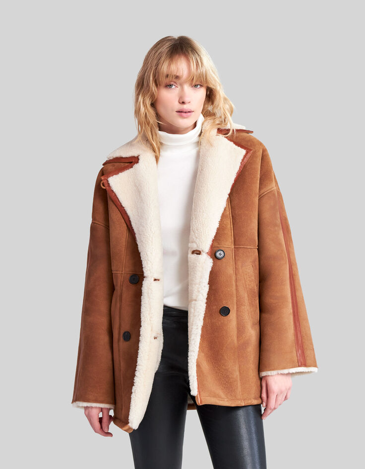Manteau cognac cuir retourné esprit canadienne Femme-3