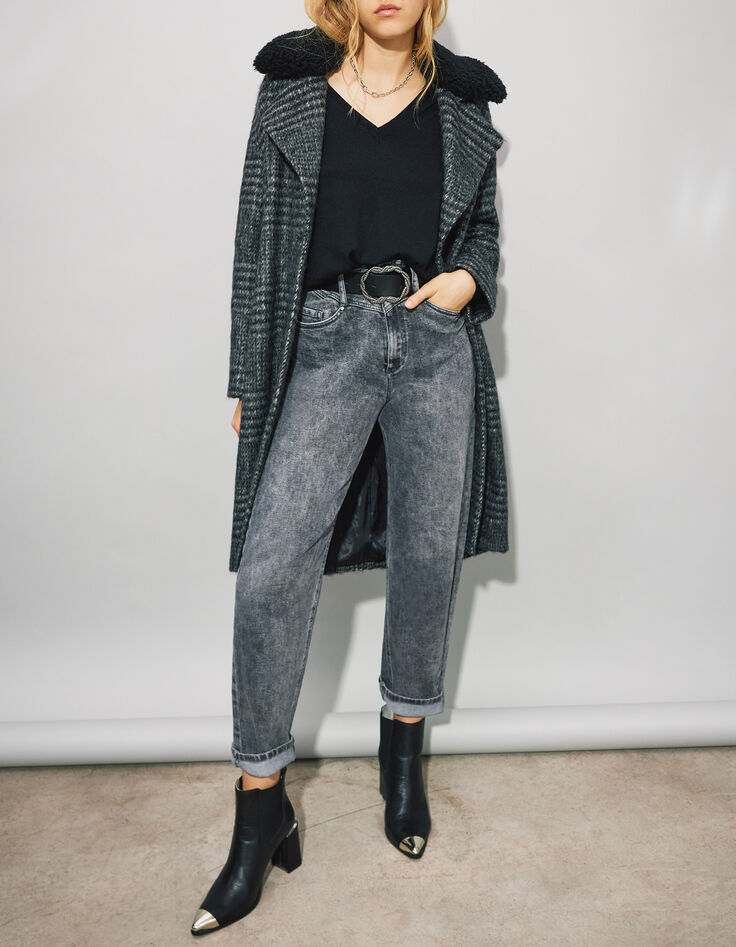 Women’s grey check coat with black faux fur collar-2