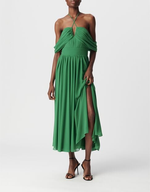 Robe longue verte bretelles drap&eacute;es Femme - IKKS