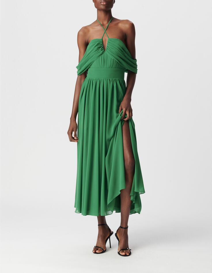 Women's green long dress with draped straps-1