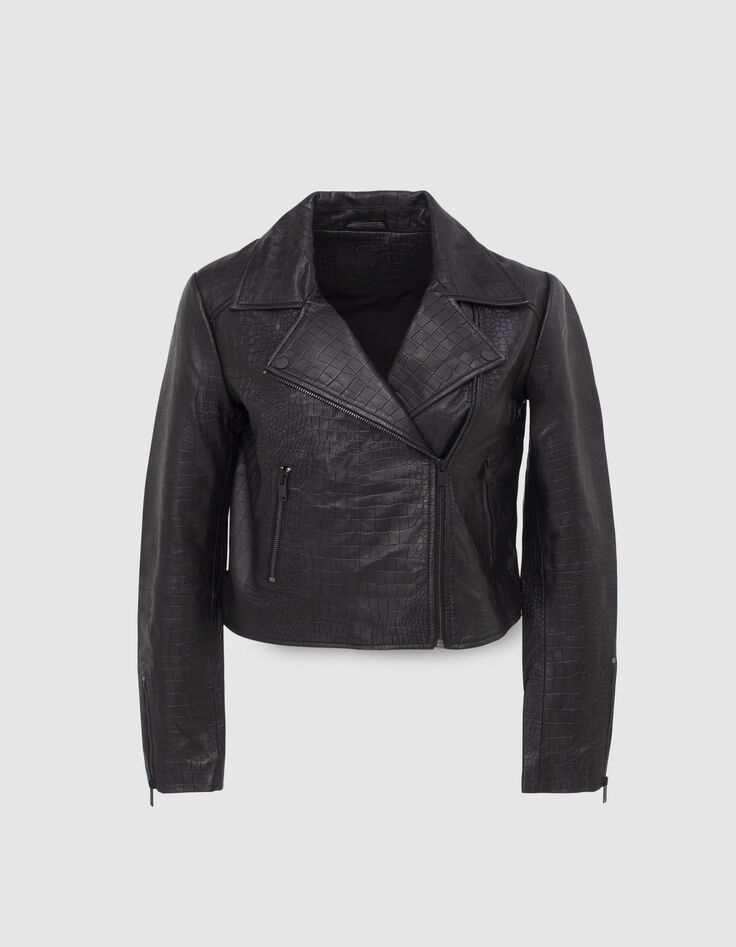 Women’s black crocodile-embossed leather biker jacket-6