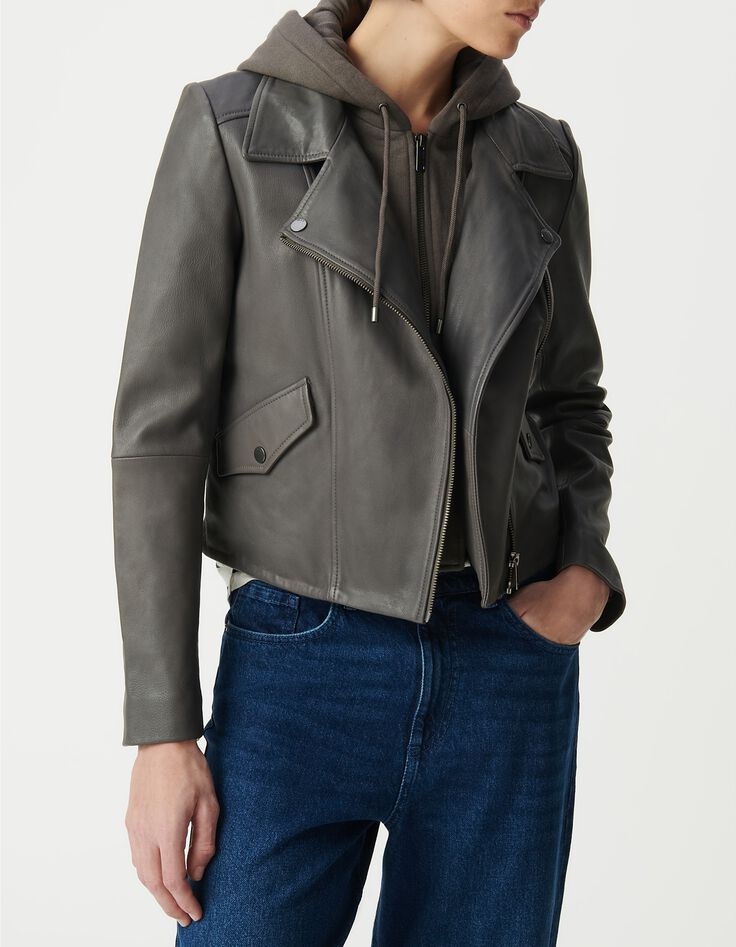 Blouson gris cuir esprit motard parementure-2