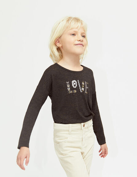 Girls’ grey marl and gold glitter T-shirt with slogan