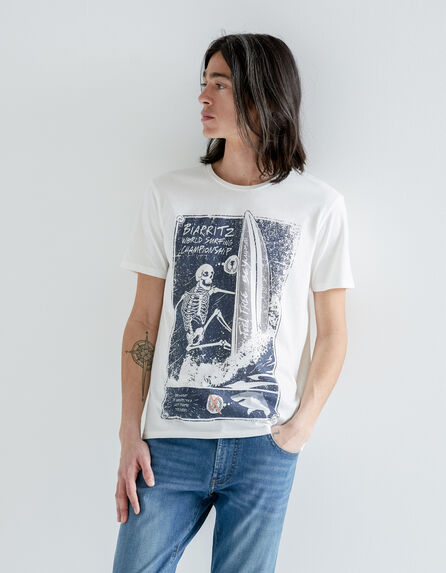 Cremeweißes Herren-T-Shirt mit Skelettsurfer