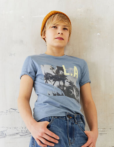 Camiseta gris azulado con foto palmeras niño - IKKS