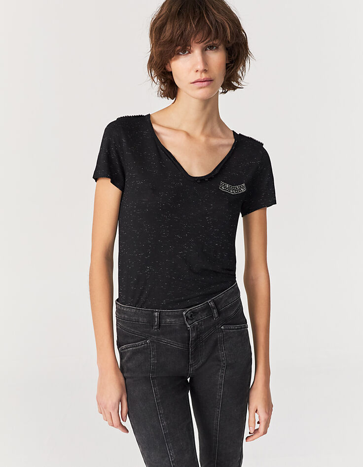 Camiseta negra metalizada de viscosa pedrería mujer-2