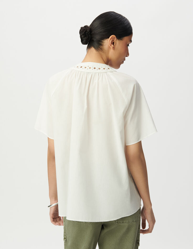 Women's loose-fitting blouse in ecru organic cotton with embroidered neckline-3