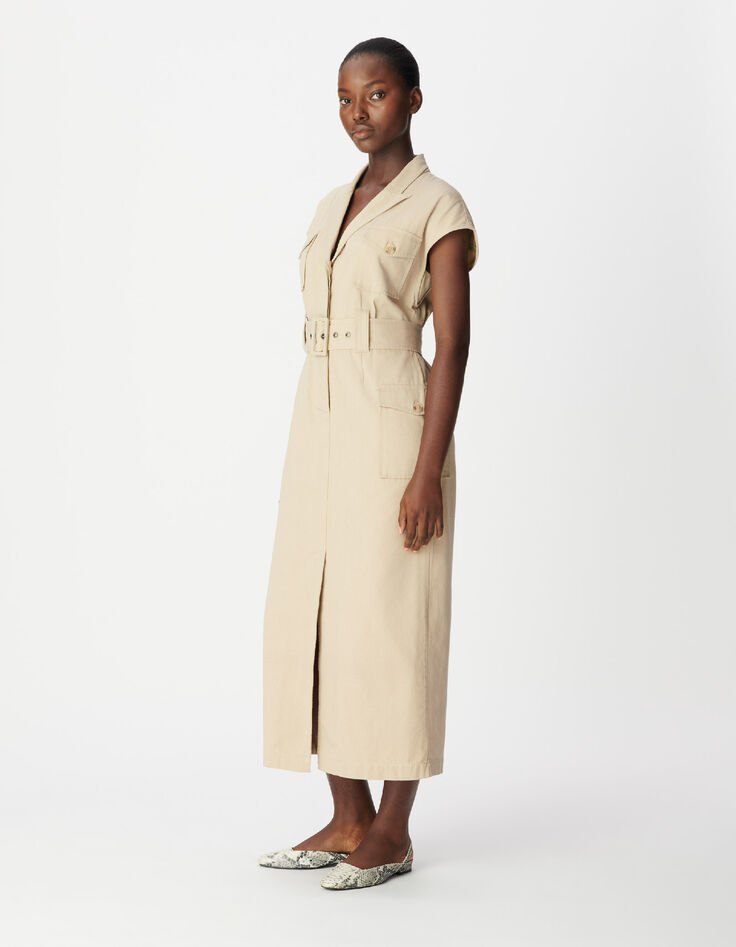 Robe saharienne longue beige sans manches Femme-4