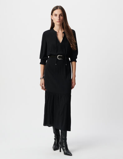 Zwarte lange jurk LENZING™ ECOVERO™ micro-kraag Dames - IKKS
