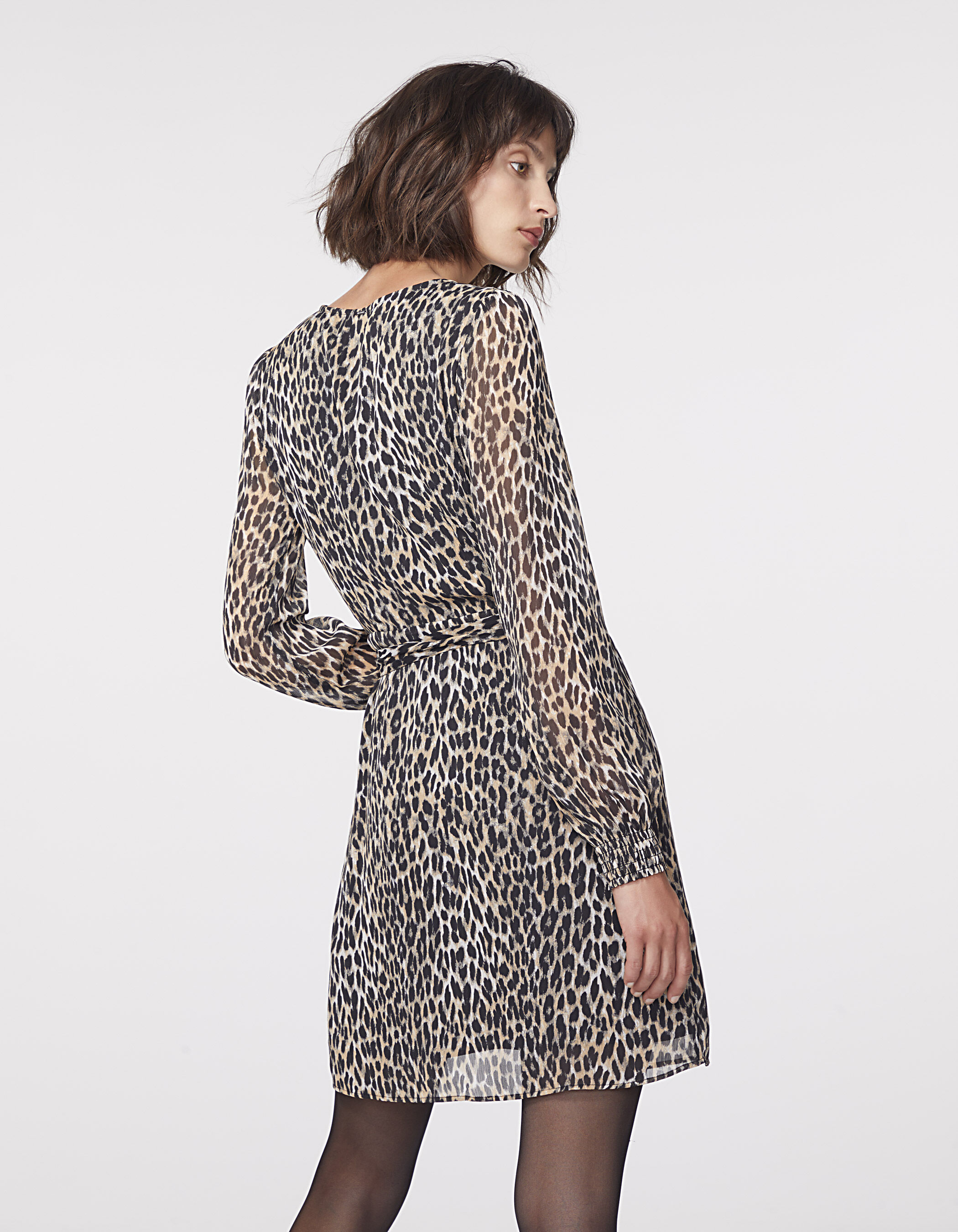 V neck leopard print voile wrapover dress IKKS